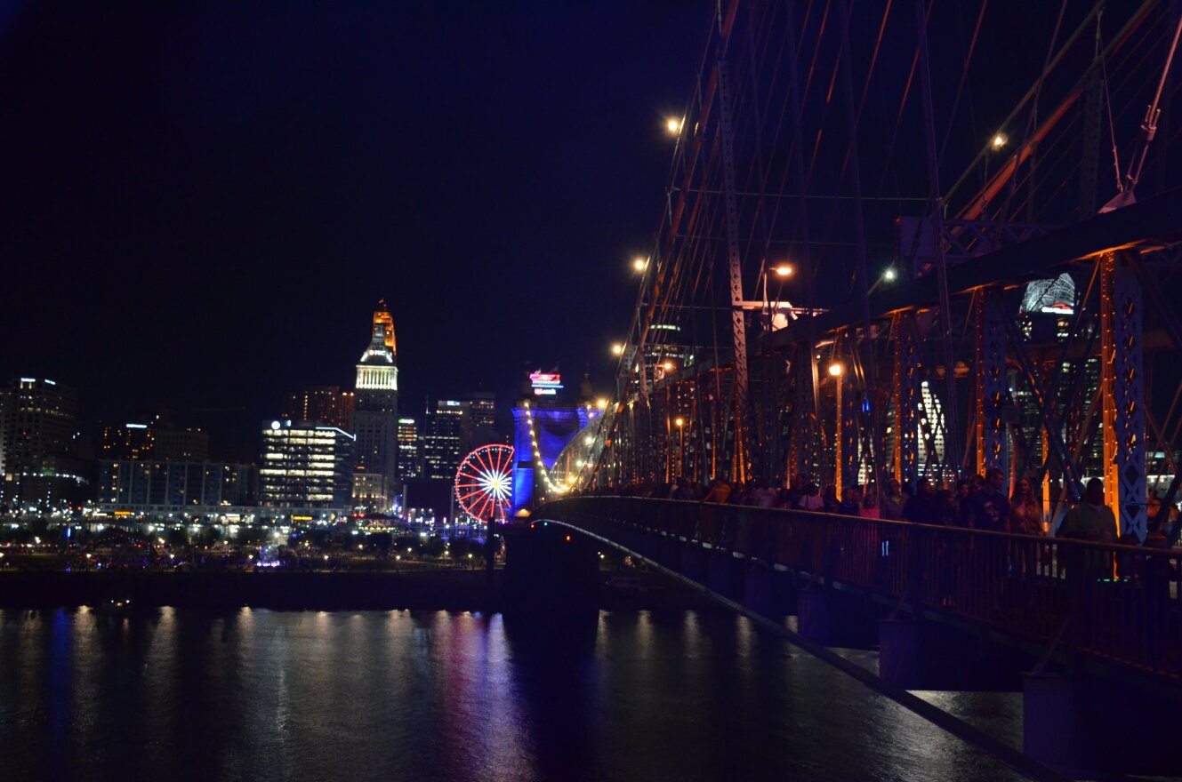 A look at Cincinnati from the Roebling Bridge.